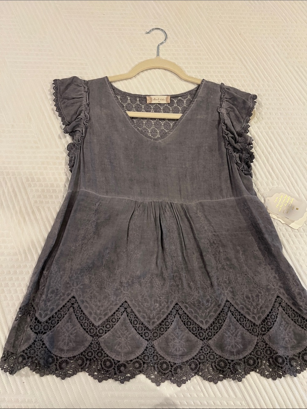 Altar'd State Charcoal Lace-Trim Flutter Sleeve Blouse